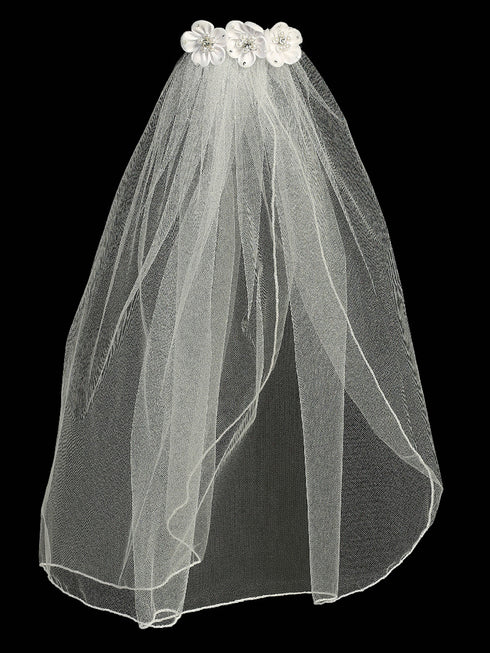 Lito Girls White 18 Inch Rhinestone Pearl Satin Flower Comb Communion Veil - SophiasStyle.com